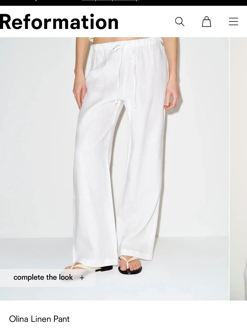 Reformation White Wide-Leg Linen Pants with Drawstring